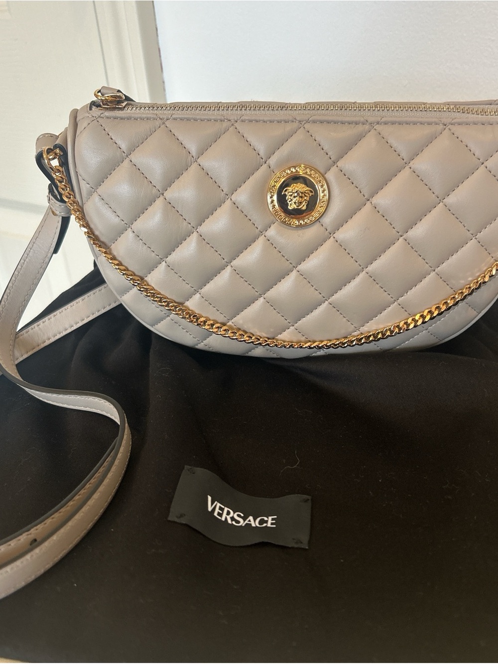 Versace Quilted Crossbody Bag in Taupe with Gold Hardware